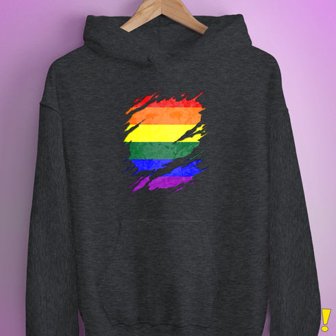 LGBTQ Pride Flag Ripped Reveal Hoodie - Dark Grey Heather